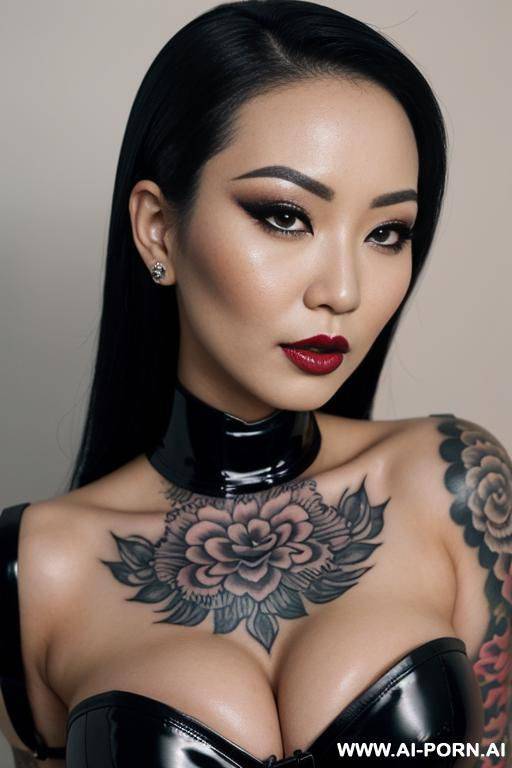 photorealistic asian bimbo, slutty makeup, slutty tattoos, latex corset, ((keep face)), pov closeup - #main