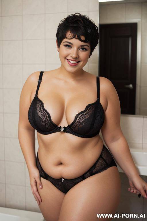 woman, 5, smiling, chubby and curvy, curly pixie cut, black lingerie, seductive pose, bathroom - #main