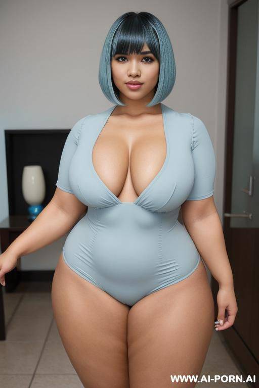 bob with bangs haircut, light blue hair, hispanic woman, sexy, attractive, beautiful, buxom, obese, bulked up muscled thighs, full body in frame - #main