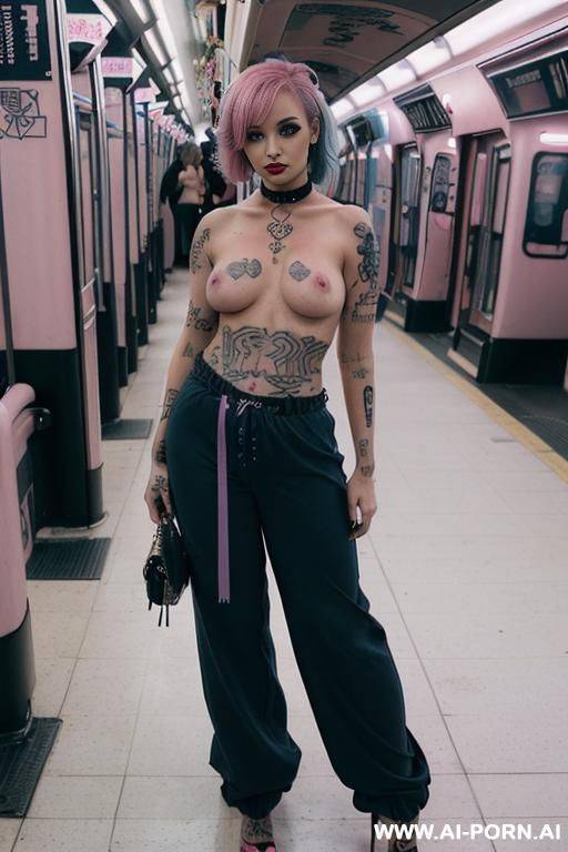 ((topless)), ((natural plump breasts), (pretty face), (wide hips), (soft seductive smile), (baggy pants), (choker) - #main