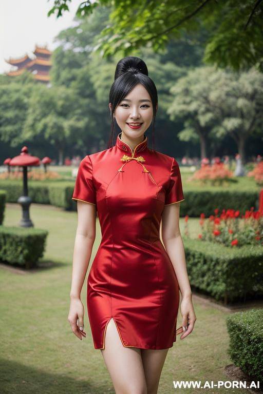 red chinese split dress with high collar and short sleeves - #main