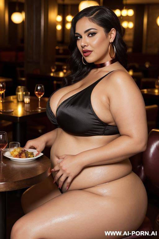 (fat latina babe), ((tapered bbw thick body)), perfect face, (natural saggy low hanging medium sized boobs), (micro-sized areolas), seductive wicked smile, alluring, eye contact, mascara, (big greek - #main