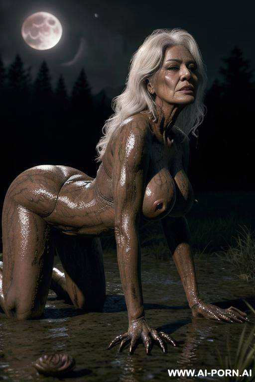misconduct, night (very dark night), coniferous forest (forest in the night is dark and scary), bright full moon on the dark sky ((red moon very realistic), aged woman on all fours pose is - #main