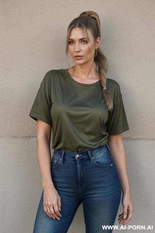 blue jeans, olive t-shirt, blomde ponytail - #main