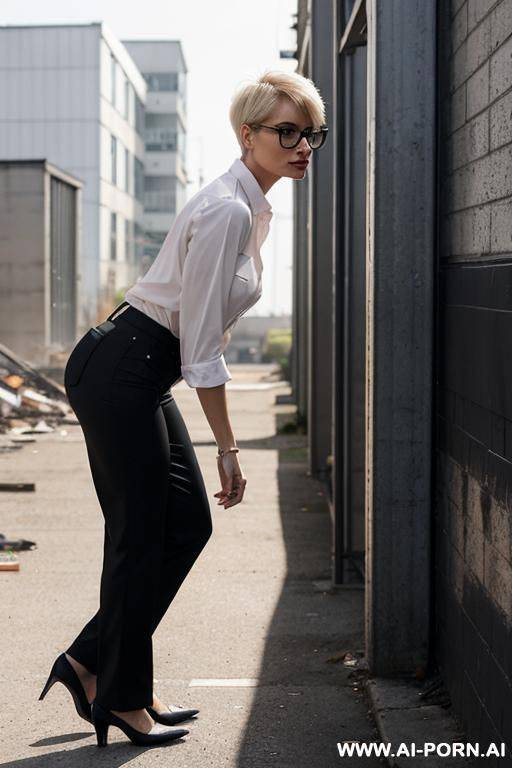 slender, glasses, blonde, pixiecut, squatting in mess behind industrial building, pants, shirt, side-view - #main