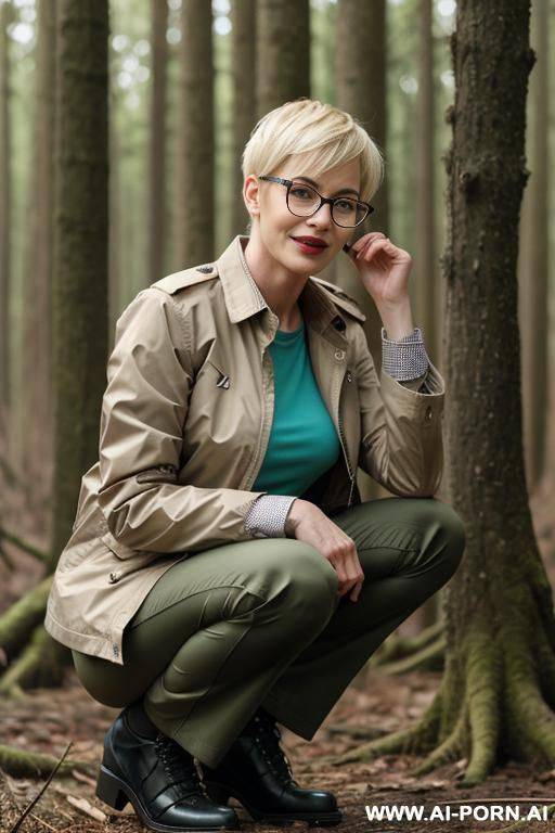 slender, glasses, blonde, pixiecut, squatting in forest mess, pants, shirt, jacket side-view - #main