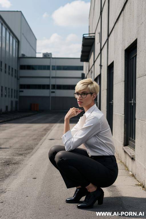 slender german, glasses, blonde, pixiecut, squatting behind industrial building, pants, shirt, side-view - #main
