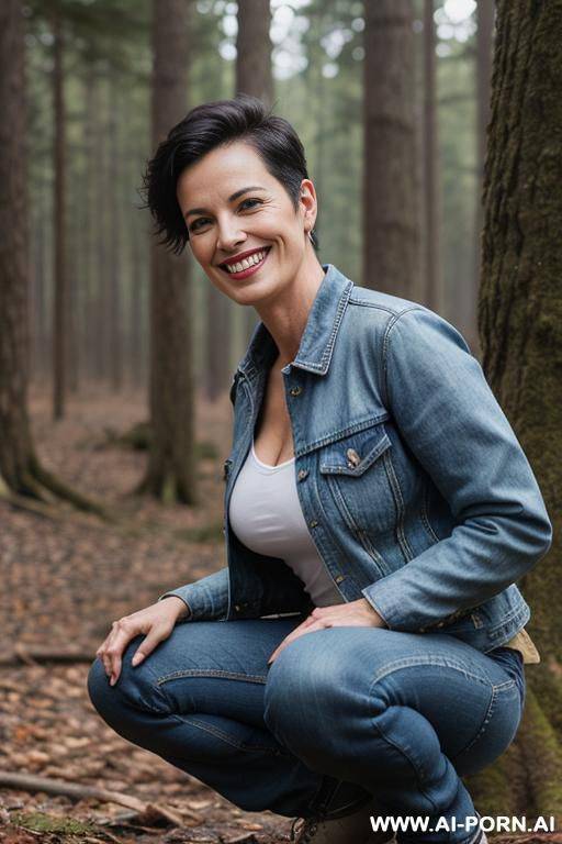 pixiecut, squatting in forest, jeans, shirt, jacket, side-view - #main
