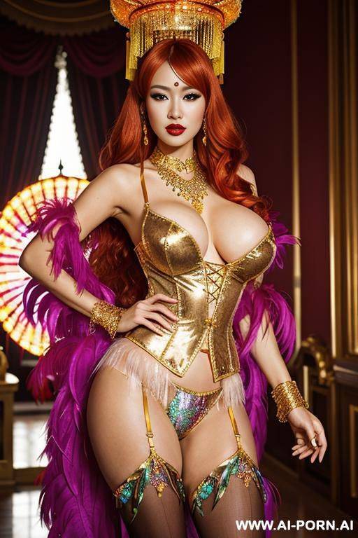 chinese, rainbow feather studed bright diamond transparent corset，feather tutu skirt， mesh robe， rainbow sequin bra ,necklace，rainbow large pointed thigh-high boots - #main