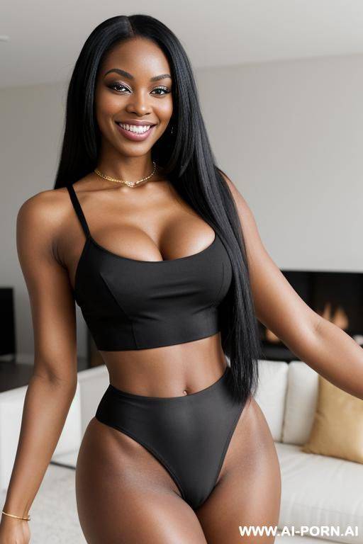 two beautiful black women, perfect smile, modern livingroom, long straight black hair, tight crop top and thong - #main