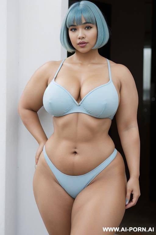 bob with bangs haircut, light blue hair, hispanic woman, sexy, attractive, beautiful, buxom, obese, bulked up muscled thighs, full body in frame - #main