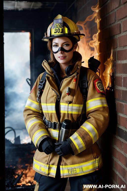 sexy firefighter female in burning house, firefighter gear, firefighter mask - #main