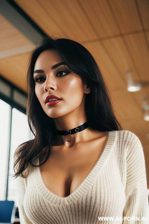 woman, downblouse, sweater, classroom, low angle shot, choker on neck, , , - #main