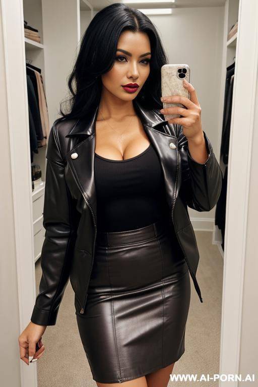 no tattoos. heavy makeup. draw boobs bigger.fased business jacket, huge, colossal cleavage, draw boobs even bigger. dark lipstick. draw boobs bigger so jacket gapes more. no, no bare boobs. keep jacket, draw leather pencil skirt. draw boobs even bigger. - #main