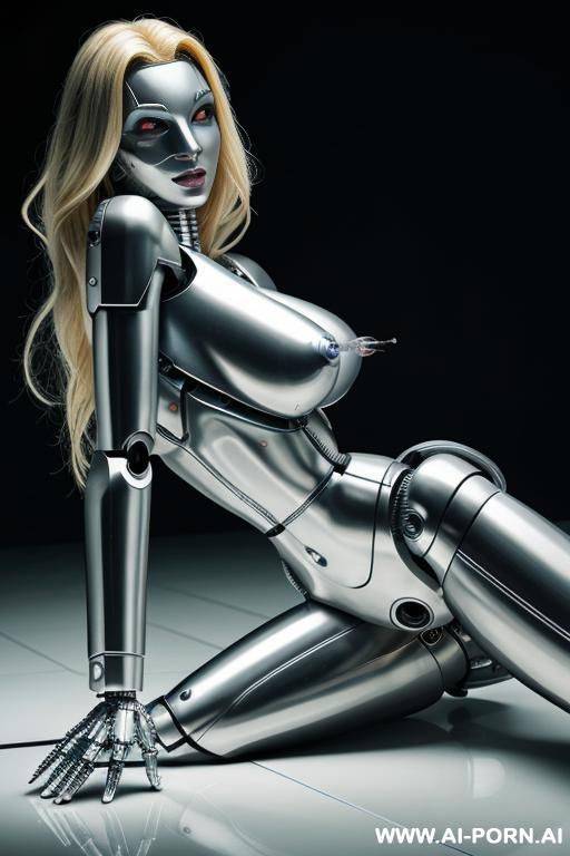 damaged blonde robot, lying on the floor, masturbating furiously with a glass dildo, naked, (huge fake tits:1.3), fit body, ultra-high stripper platform stilettos, left half face human, right half - #main
