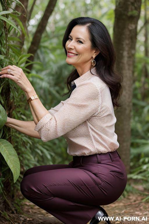 rich lady mature squatting in underbrush, blouse, pants, side-view, smiling - #main