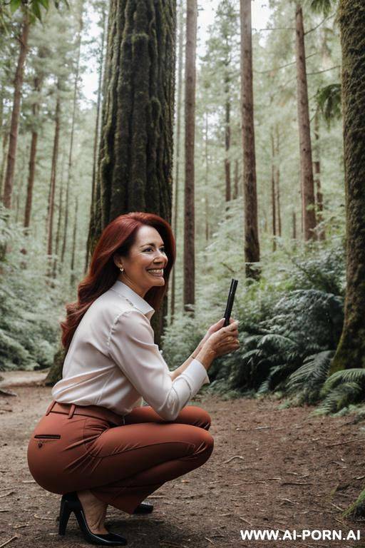 rich lady mature squatting in forest, blouse, pants, side-view, smiling - #main