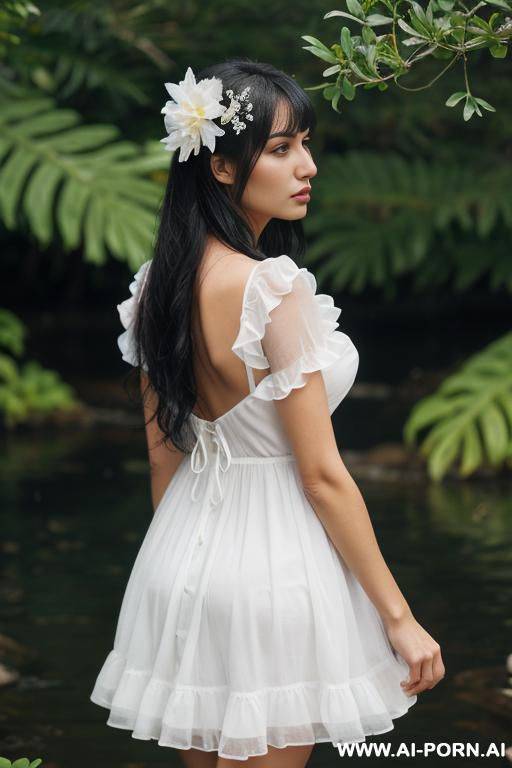 ((masterpiece, best quality, ultra-detailed, k)), a woman, flower, dress, solo, lying, rain, butterfly, bug, water, bangs, frills, breasts, long hair, white dress, short sleeves, hair ornament, on - #main