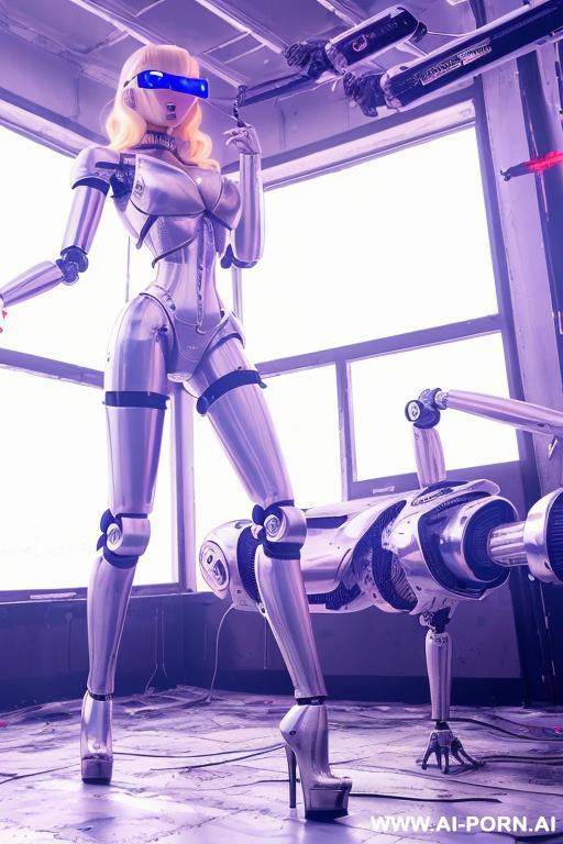 damaged robot spy, lying on the floor, curly blonde hair, (huge fake tits:1.3), fit body, naked, choker, ultra-high stripper platform stilettos, (burnt skin in chest exposing silver robotic parts and blinking diodes:1.3) - #main