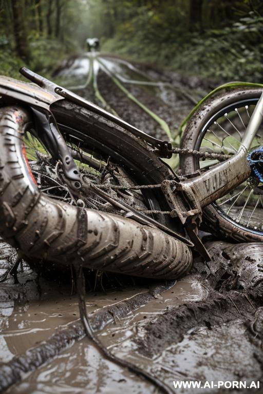 accident, abandoned bike, bike is lying around, bike lying in the mud, bike fell, bicycle that fell into the mud (bike really lying in the ground) ((bike lies on its side)) - #main