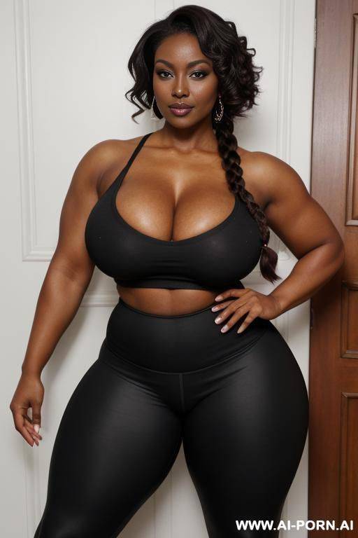 sexy bimbo milf, thot, really dark black skin, deep dark black skin color, ultra thicc, bulked up thighs, tight shirt, extremely gigantic boobs, perfect eyes - #main