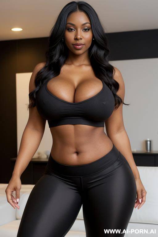 bimbo milf, really black skin (black like coal) ((most black colour of skin)), bulked up thighs, tight sport shorts, tight shirt, extremely gigantic boobs, long straight hair, perfect eyes - #main