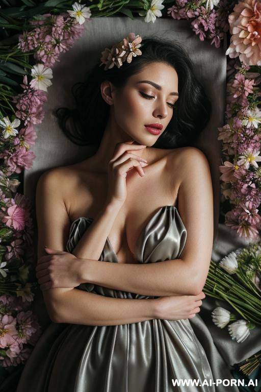 a woman lying among flowers, her gaze deep and captivating.flower petals tered on her skin—shoulders, arms, and even her face.one hand gently holding a flower close to her lips, as if savoring - #main