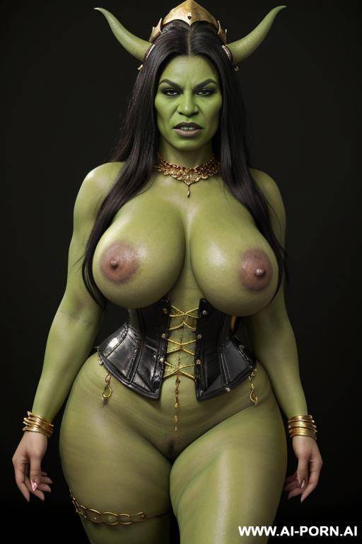 seductive orc queen, full green skin, full green painted skin, full body view, fully naked, ((huge massive rounded milky breasts)), ((massive hips)), ((orc gold and black corset)), huge curves, - #main