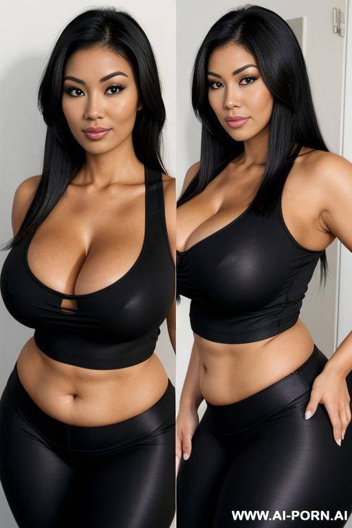 sexy bimbo milf, aged milf, matured milf, thot, really dark black skin, deep dark black skin color, half black half asian, ultra thicc, bulked up thighs, tight shirt, extremely gigantic boobs, long straight hair, perfect eyes - #main