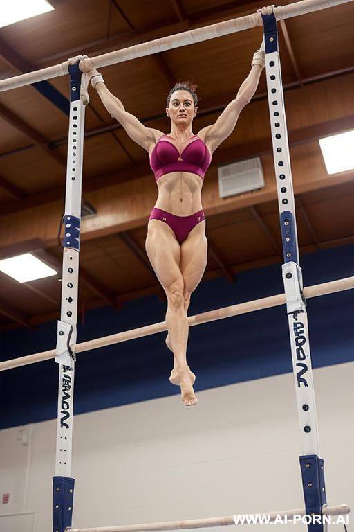 an mature gymnast performs exercises on a gymnastics beam, topples (no bra!) ((only panties)), full body vision - #main