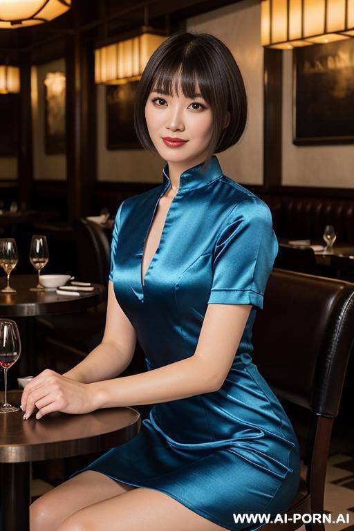 blue satin chinese split dress with collar and short sleeves - #main