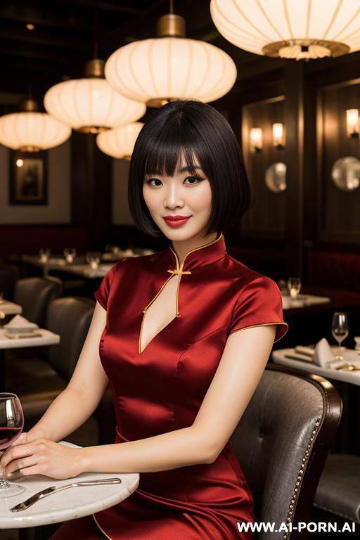 red chinese split dress with collar and short sleeves - #main