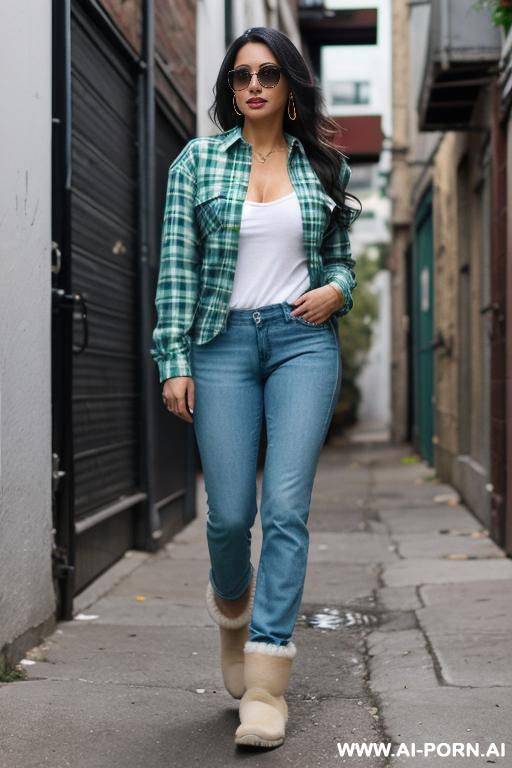 latina wearing white uggs and blue jeans with fully opened green plaid shirt - #main