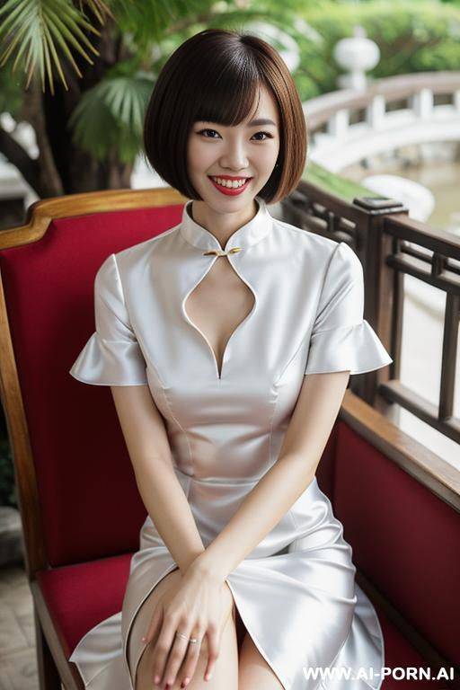 white satin chinese split dress with collar and short sleeves earrings chinese garden - #main