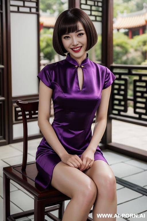 purple satin chinese split dress with collar and short sleeves earrings chinese garden - #main