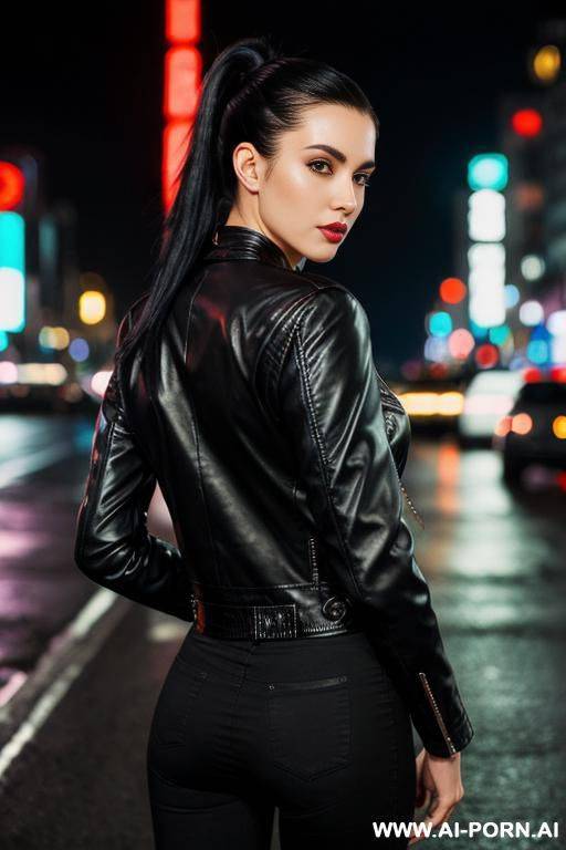 leather jacket, city street at night , high ponytail , full body view from behind very far away, neon city lights - #main