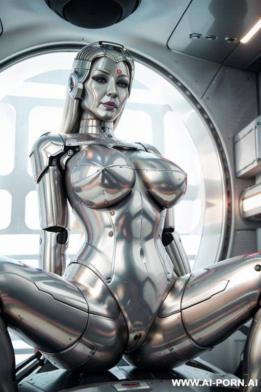 blonde robot, (fully silver metallic body, huge robotic tits, silicone face), spreading legs in a spaceship - #main
