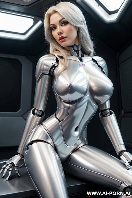 blonde robot, (fully silver metallic body, huge robotic tits, silicone face), sitting in a spaceship - #main