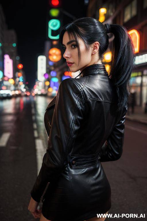 leather jacket, city street at night , high ponytail , full body view from behind very far away, neon city lights, opening jacket and starting to take it off - #main