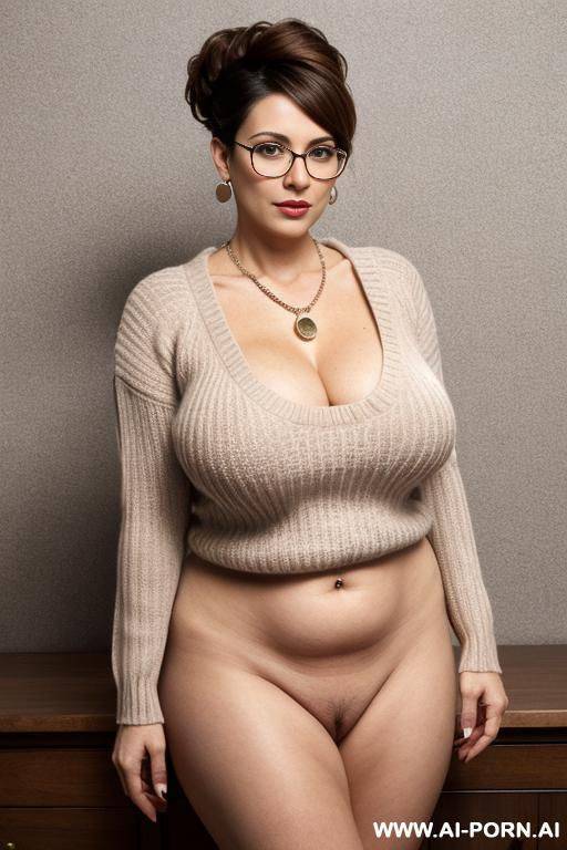 scared, massive hips, huge boobs, hard stiff nipples, long tight sweater, no bra, no bottom, no panties, pussy visible, earings, necklace, looking at camera, round view glasses - #main