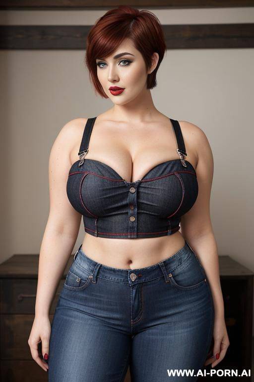 red checkered crop top shirt, black suspenders, tight blue jeans - #main