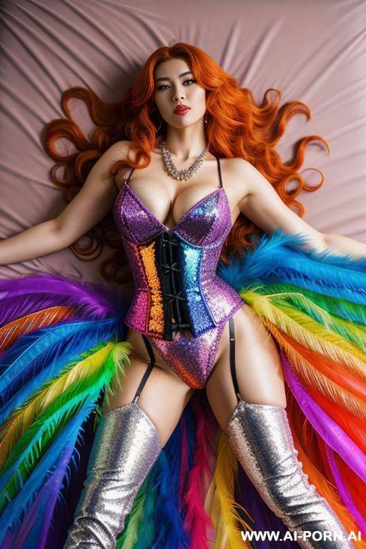 chinese, laying on the back, legs wide spread, chinese, rainbow feather studed bright diamond transparent corset，feather tutu skirt， mesh robe， rainbow sequin bra ,necklace，rainbow large pointed thigh-high boots - #main
