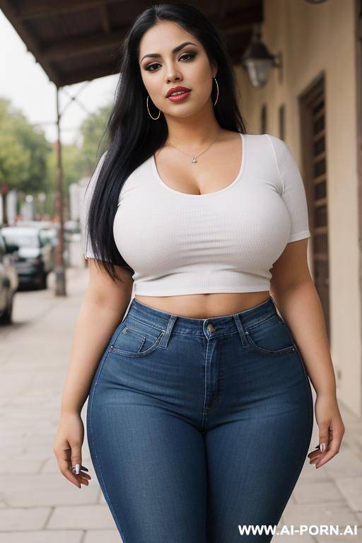 mexican, wide hips, masterpiece, beautiful, sassy, hourglass figure, tight blue jeans, tight white shirt, heavy makeup, chola, chicana - #main