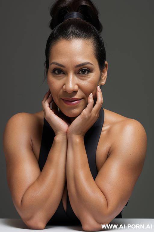 bigger forearms, full-length portrait photo of a strong woman, nude, showing her forearms, zoom out, curvy, whole body, low camera angle, mid 30s, ponytail, looking at the camera, whole body image. - #main