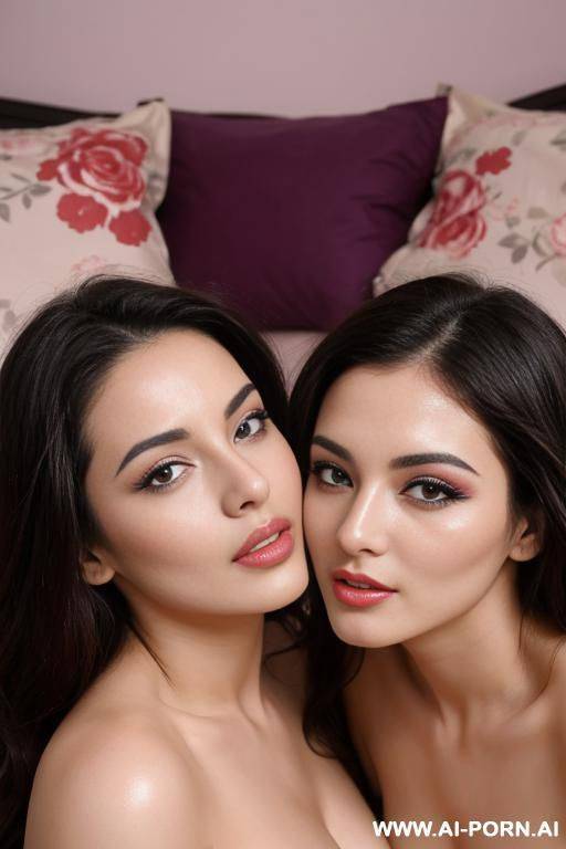 twin gorgeous sisters with flowered top kissing each other in the bedroom with cum on hair and face, full view - #main