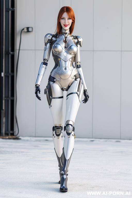 realistic beautiful cyborg robot woman completely made of latex wa white long legs with boots. - #main