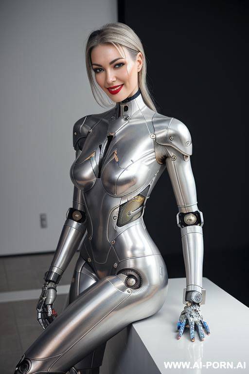 realistic beautiful cyborg robot woman completely made of silver metal-latex skin long legs with boots. - #main