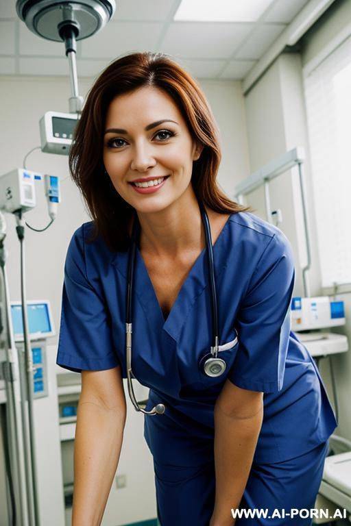(nurse) (scrubs) (close up) (smiling) (bending down) (hospital) - #main