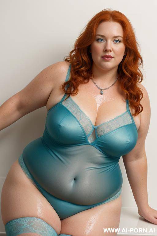 half-length photo, as a setting in the laundry area, a fat chubby fat thick and bbw redhead british, she is washing clothes and is soaked in foamy water. she has lovehandless and a soft - #main
