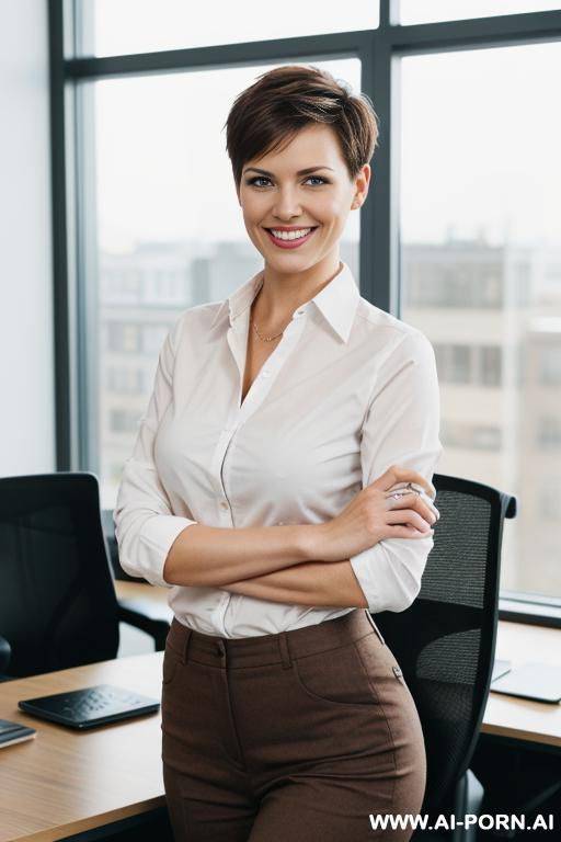 short german woman, late 20s, pixiecut, , grinning, brown hair, standing in office - #main